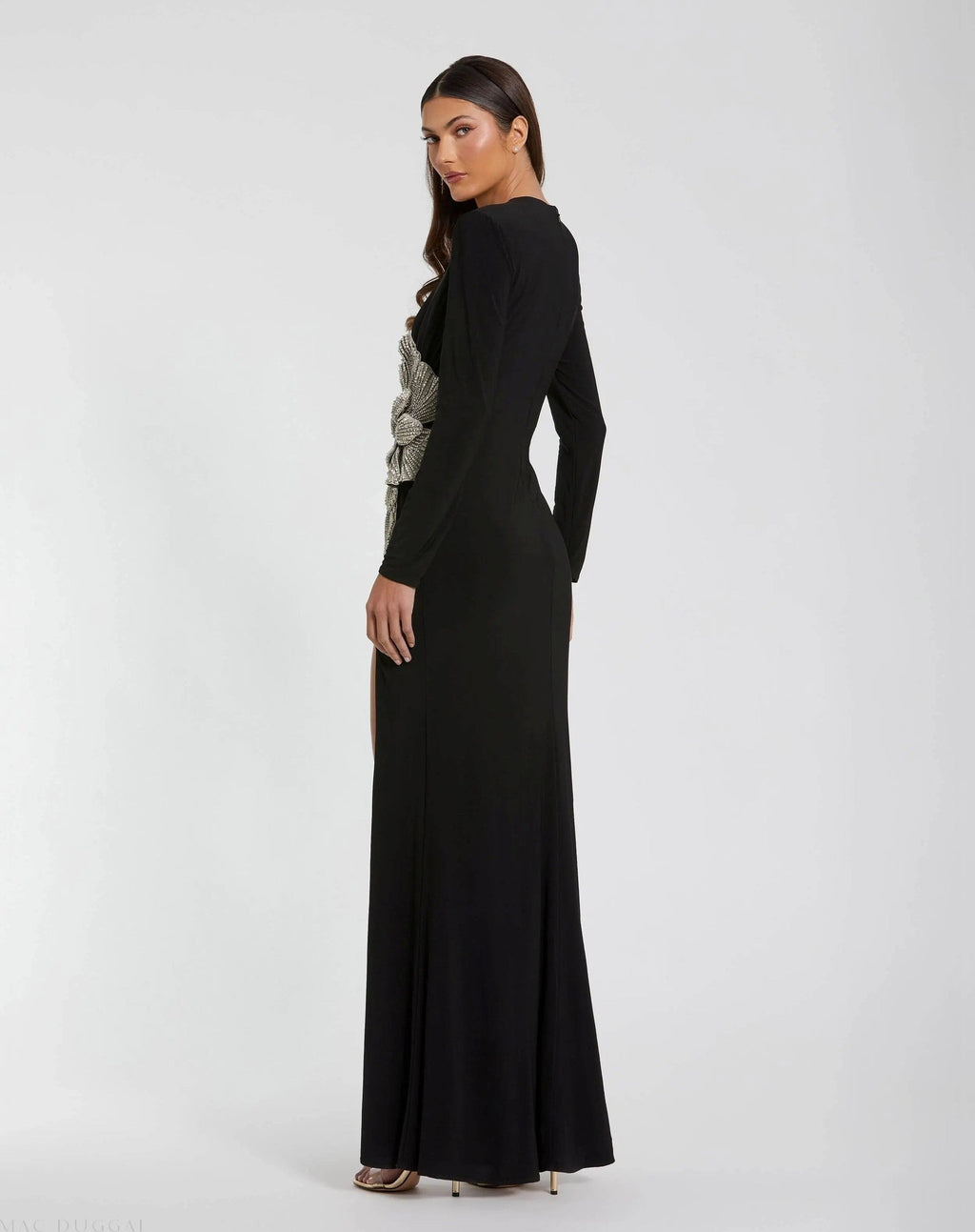 Black Long Sleeve Jersey Gown With Embellished Flower