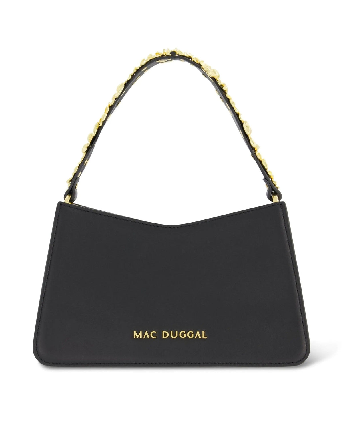 Black Small Leather Shoulder Bag with Gold Floral Strap