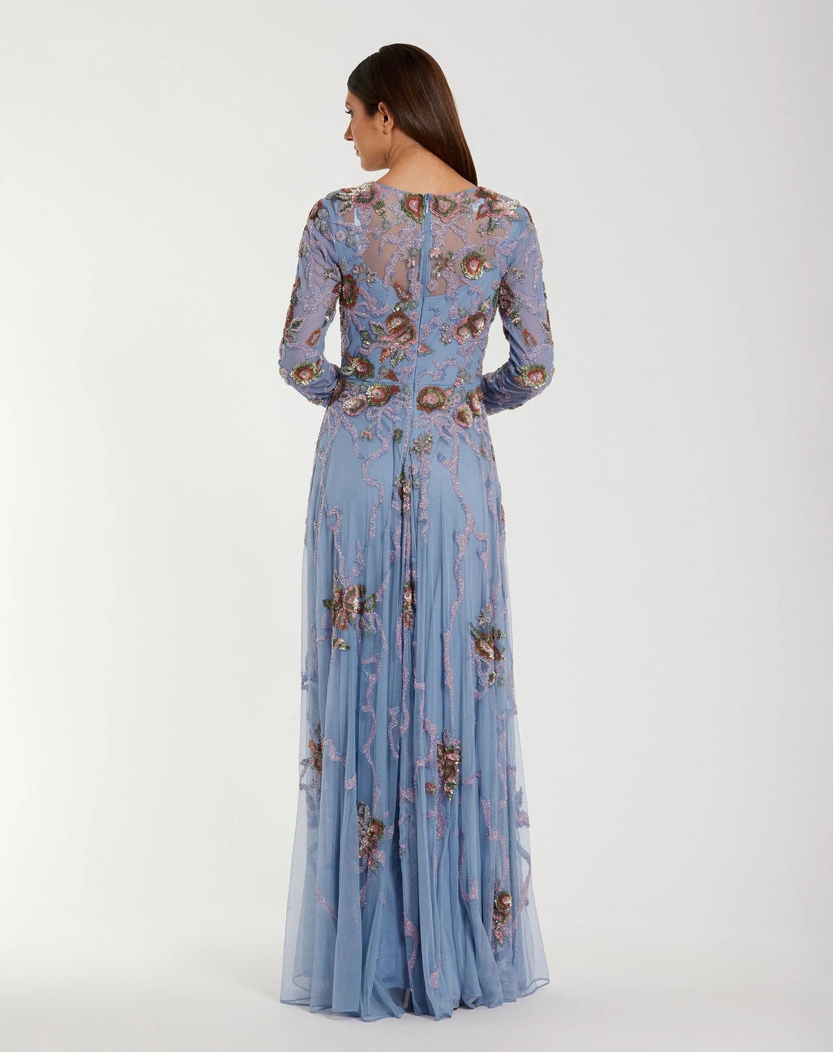 Blue Floral Bow Beaded Long Sleeve Gown