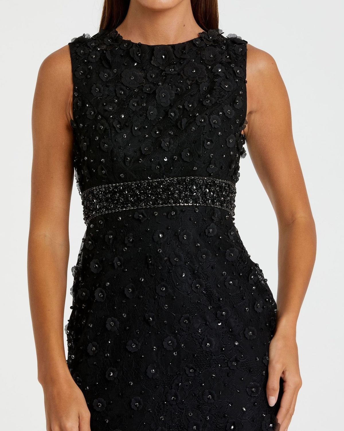 Petite Black Floral Applique Sleeveless Midi Dress