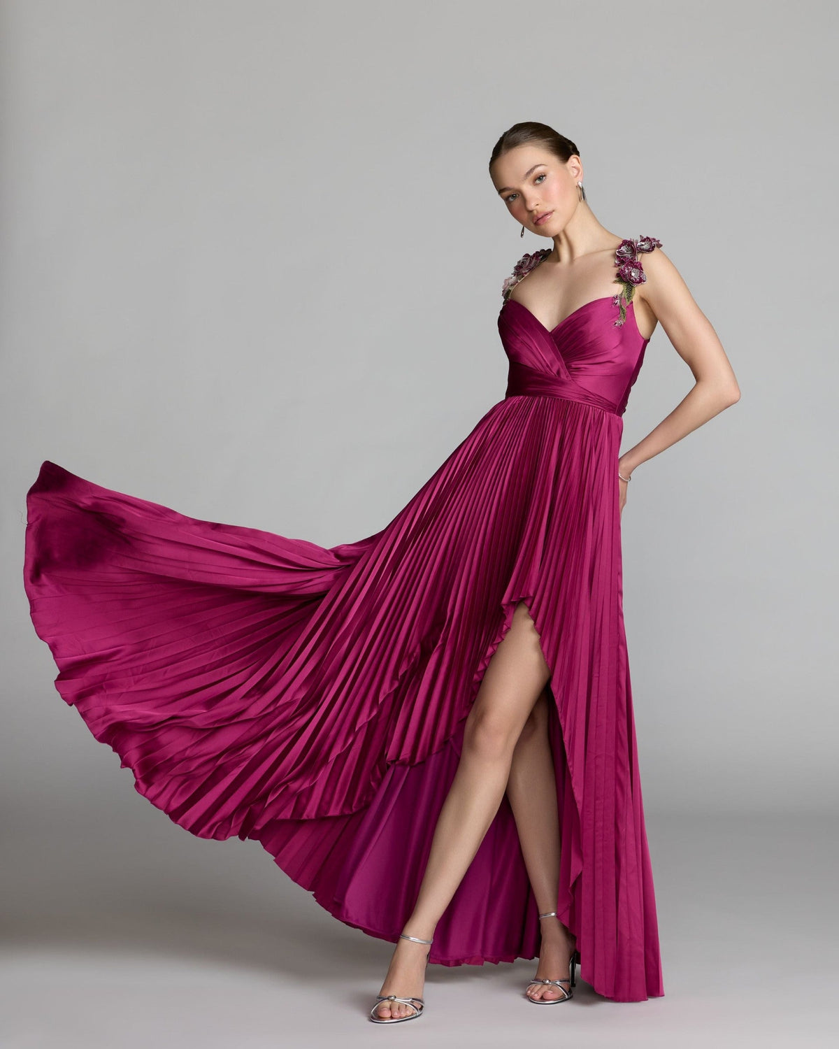 Magenta Pleated High Low Gown With 3D Floral Straps