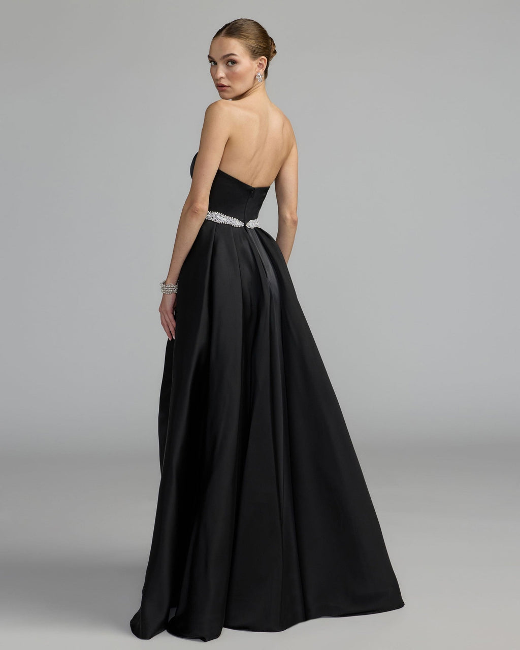 Black White Strapless Embellished Satin Gown with Overskirt