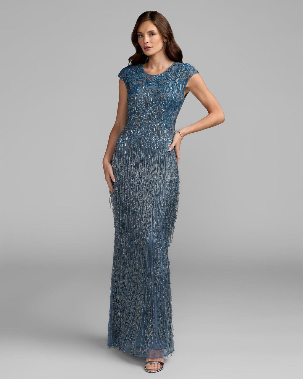 Slate Blue Embellished Cap Sleeve Gown With Fringe Beading