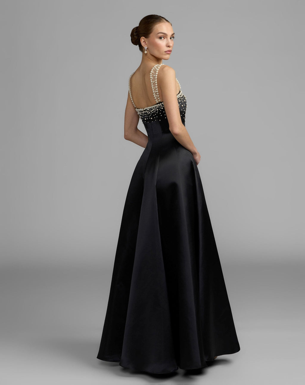 Black A-Line Pearl Embellished Satin Gown