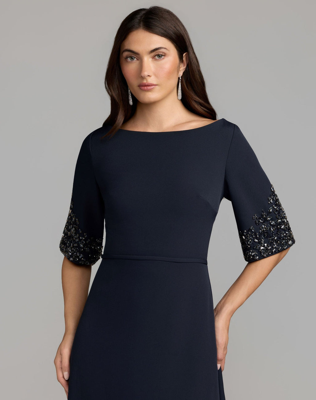 Midnight A-Line Crepe Gown With Beaded Sleeves