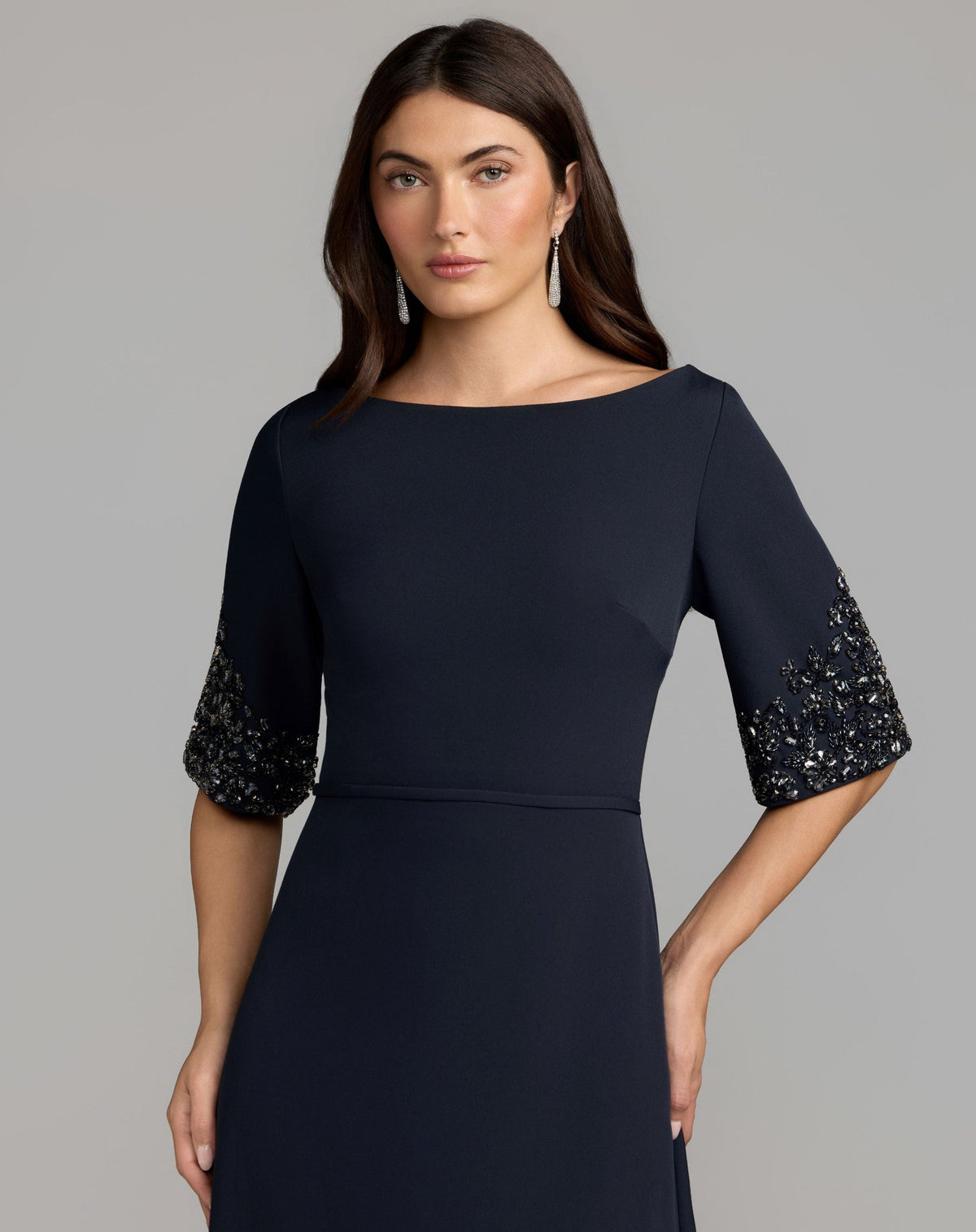 Midnight A-Line Crepe Gown With Beaded Sleeves