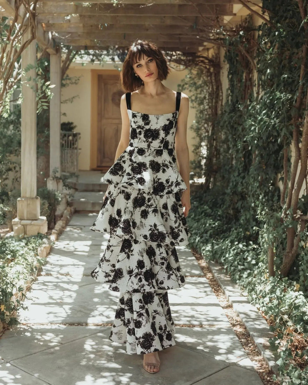 Black Ivory Floral Boucle Tiered Ruffle Gown