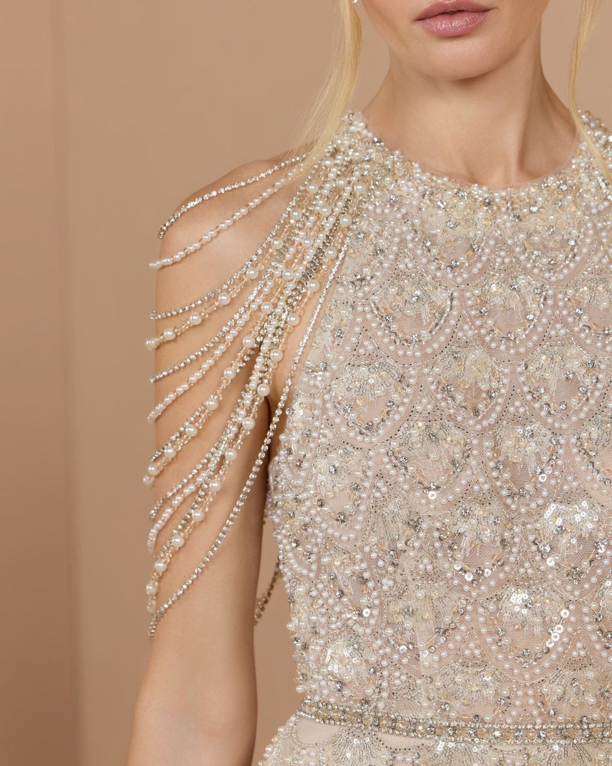 Cream Nude Draped Pearl Embellished Column Gown