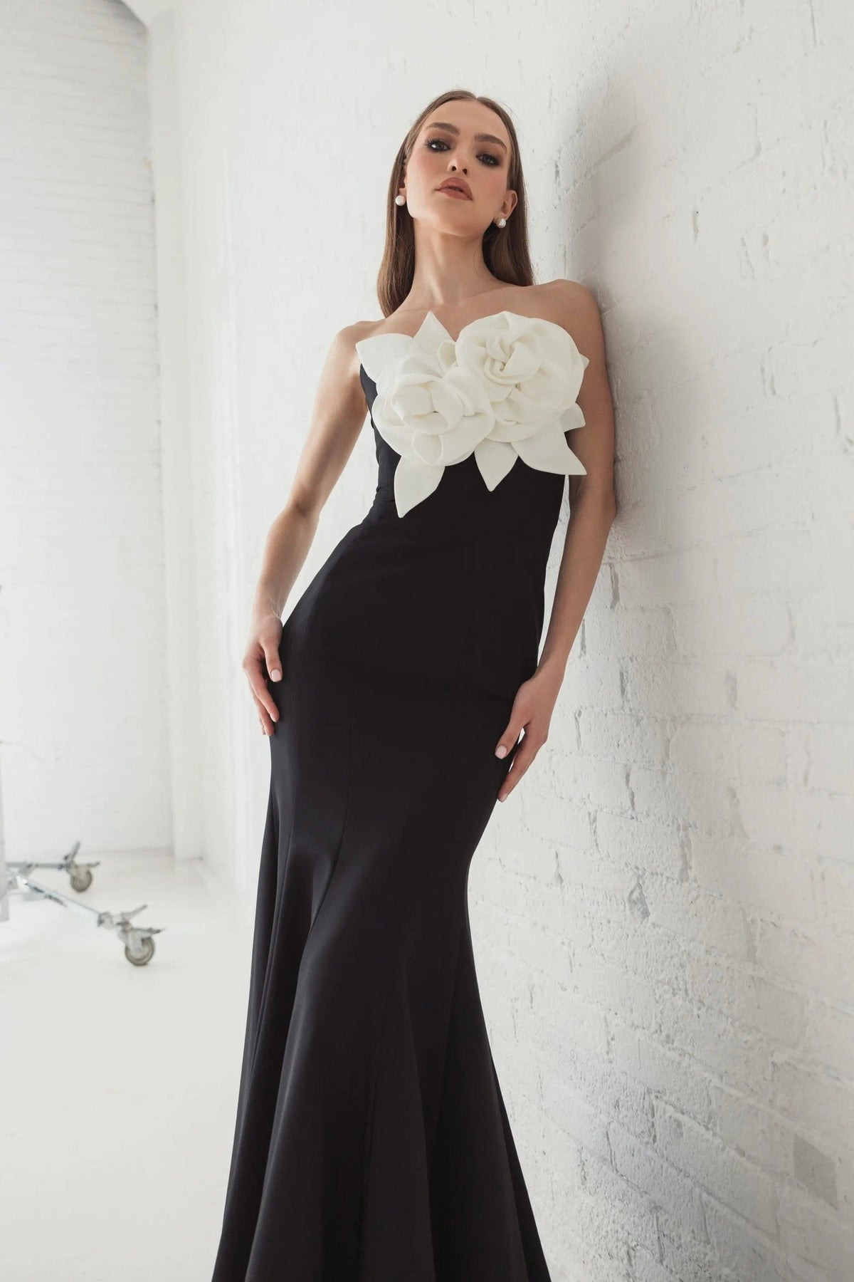 Black Strapless Crepe Mermaid Gown With 3D Flowers