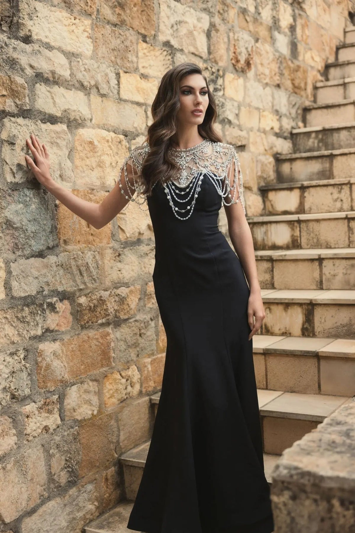 Black Draped Pearl Beaded Mermaid Gown