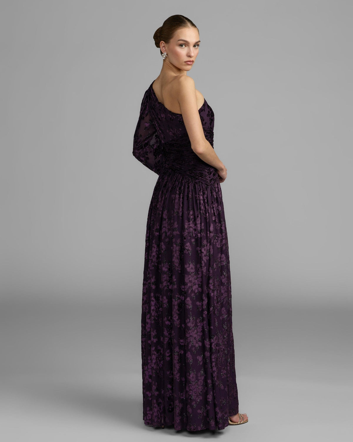 Amethyst One Shoulder Long Sleeve Burnout Velvet Gown