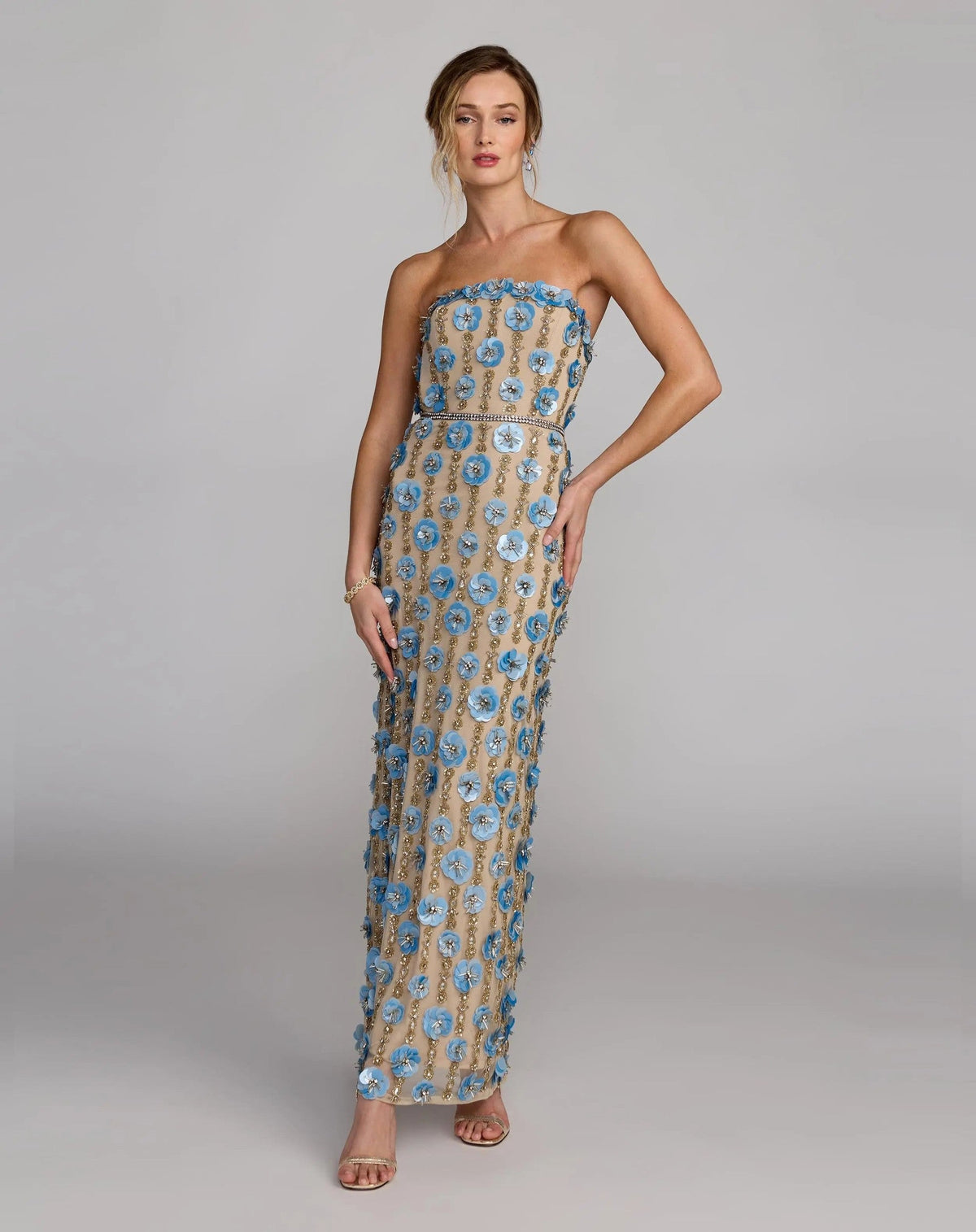 Nude Blue Strapless 3D Floral Embellished Dress