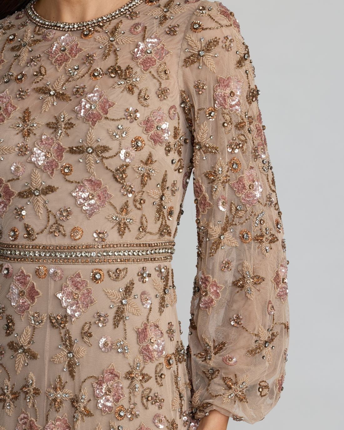 Taupe Crystal Beaded Floral Bishop Sleeve Gown