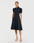 Midnight Puff Sleeve Belted Midi Shirt Dress