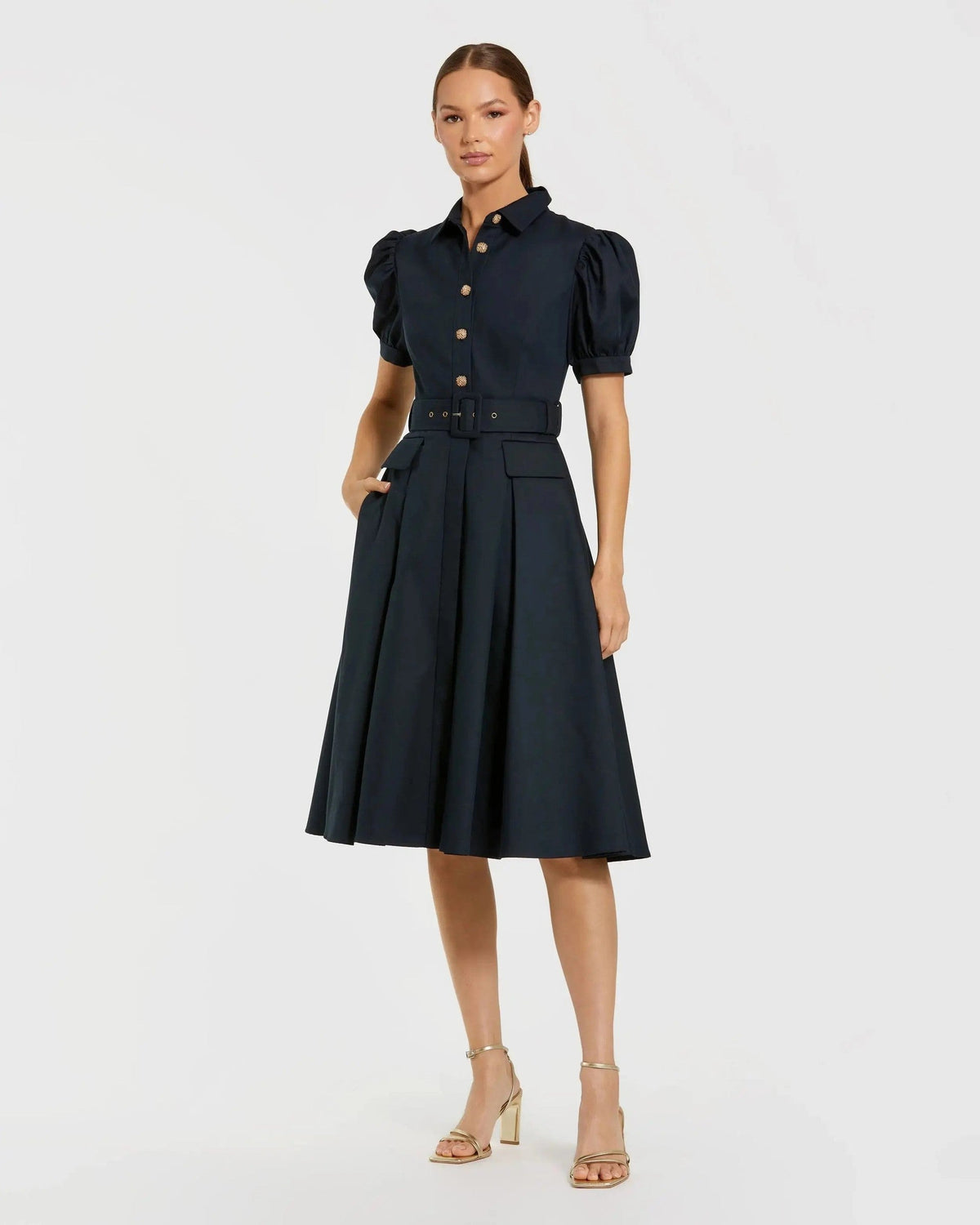 Midnight Puff Sleeve Belted Midi Shirt Dress