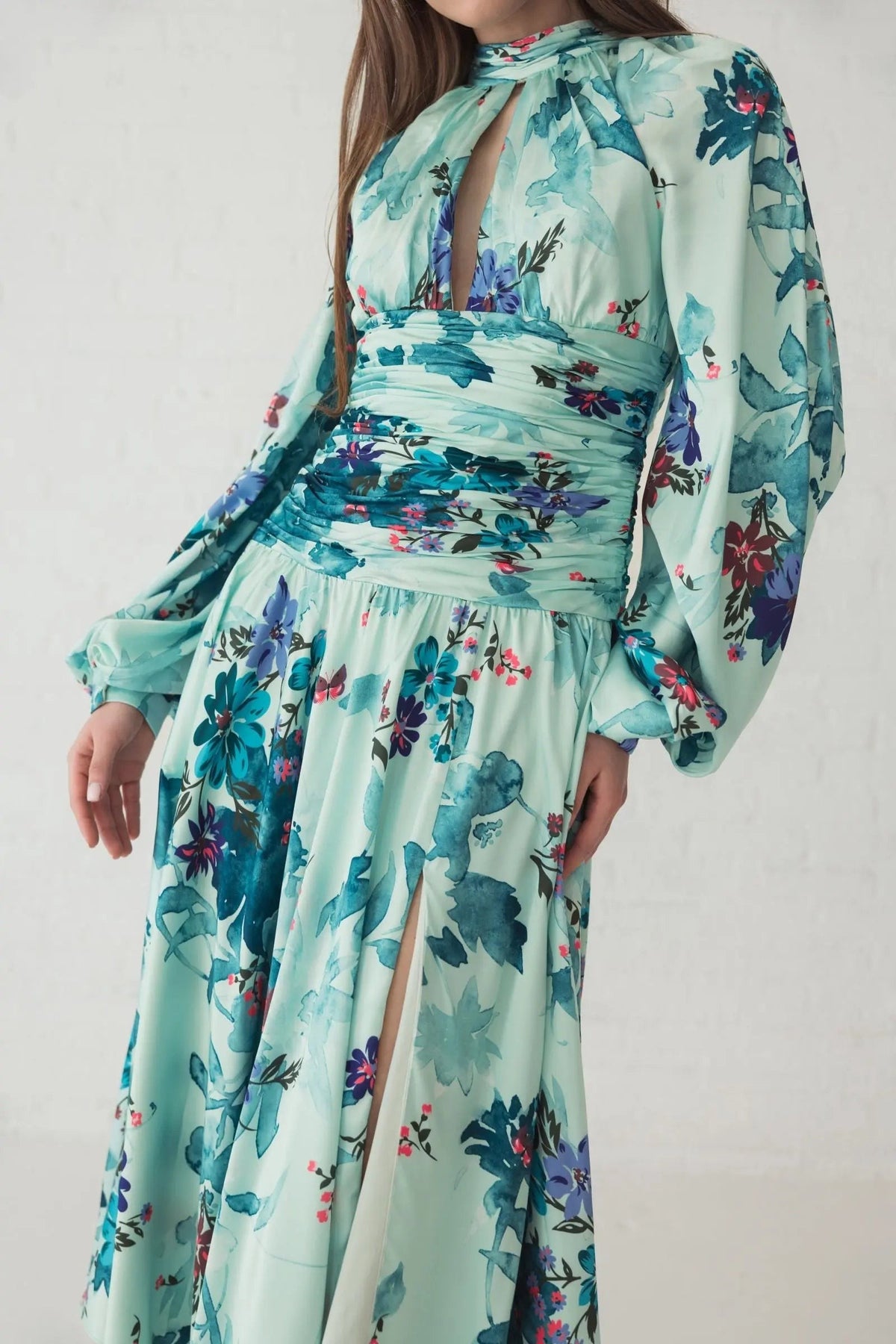 Green Keyhole Satin Long Sleeve Floral Dress