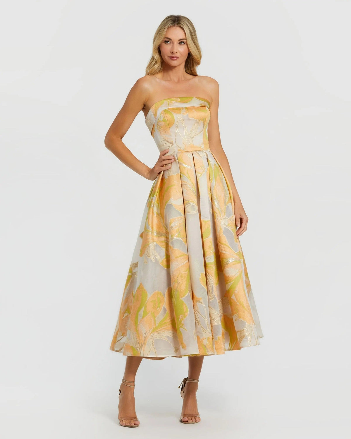 Beige and Orange Strapless Brocade Midi Dress with Pockets