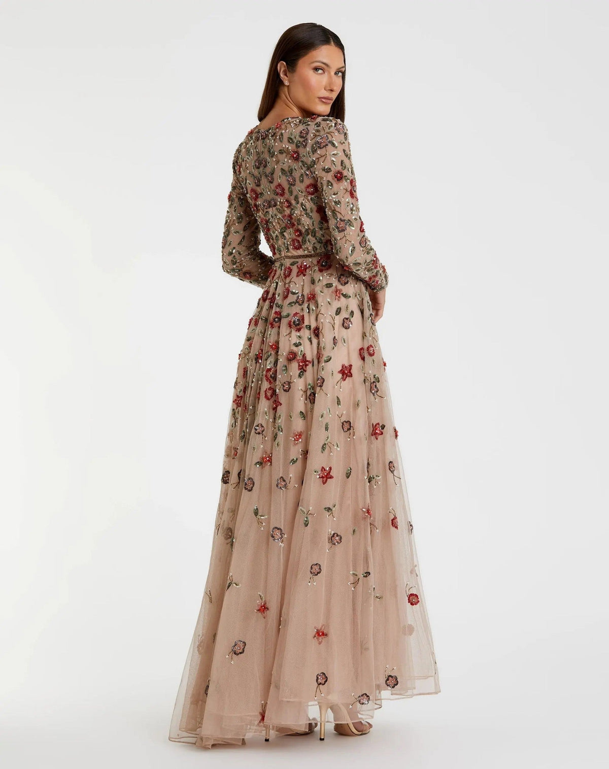 Petite Antique Rose Embellished High Neck Long Sleeve A Line Gown