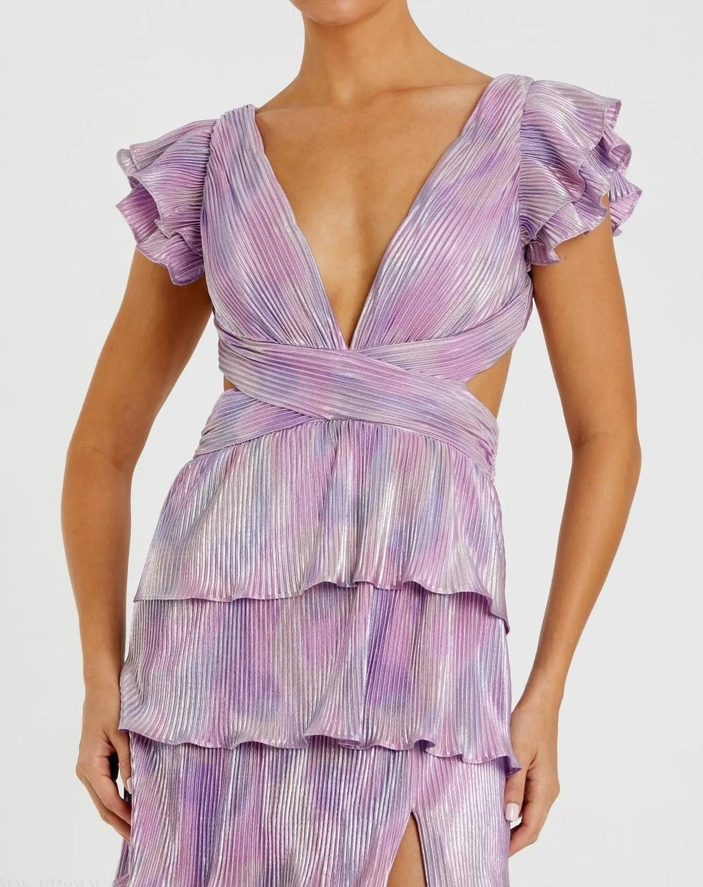 Purple Multi Ruffle Tiered Criss Cross Lace Up Gown