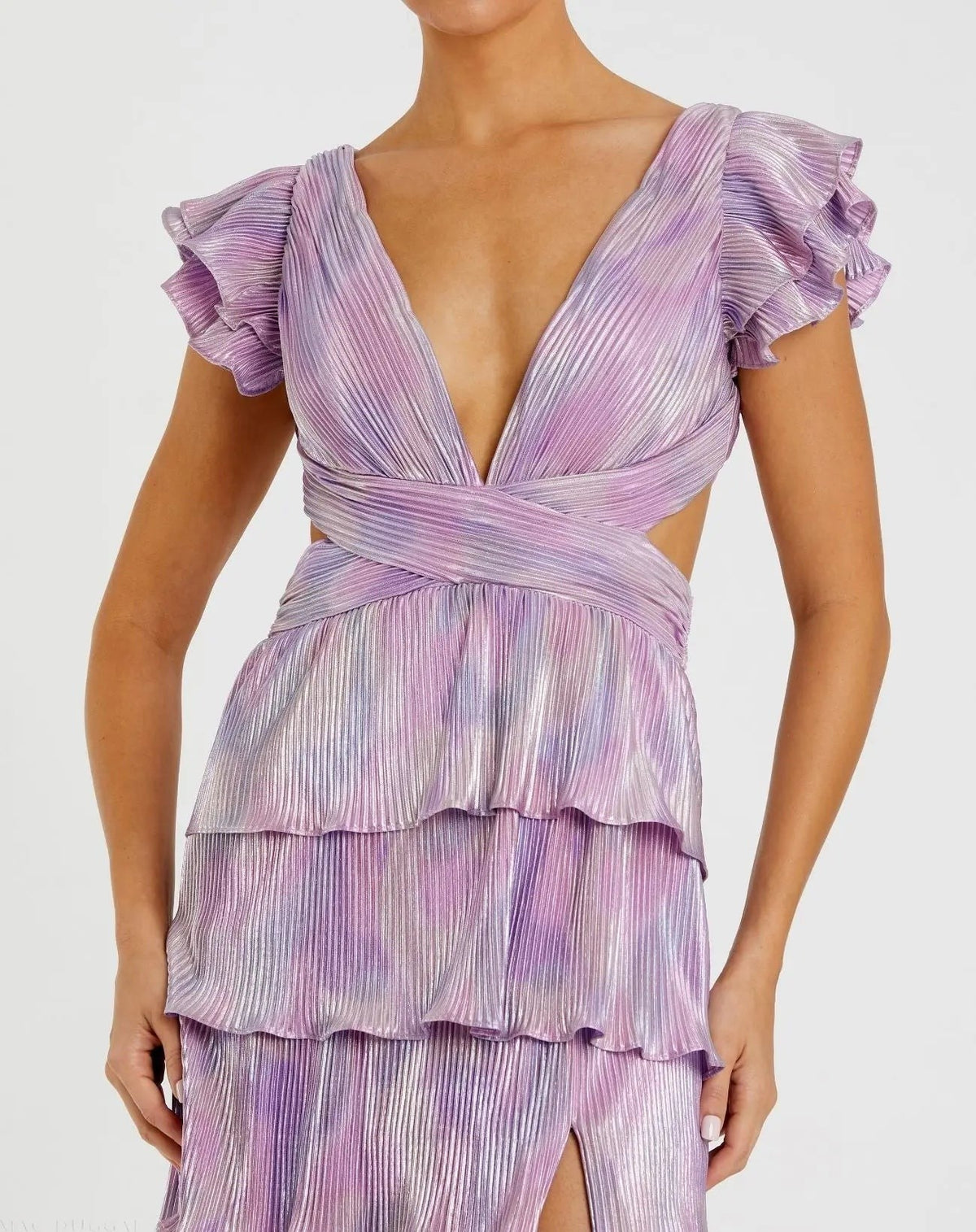 Purple Multi Ruffle Tiered Criss Cross Lace Up Gown