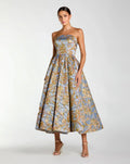 Blue Strapless Brocade Midi Dress With Pockets
