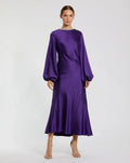 Royal Purple Rhinestone Neckline Satin Midi Dress