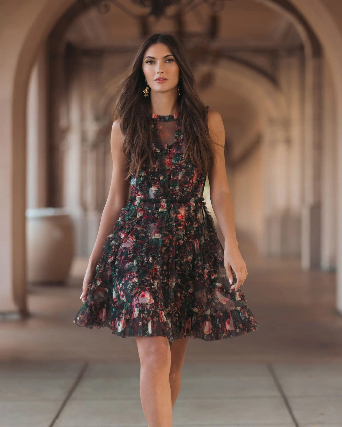 Black Multi Micro Ruffle Floral A-Line Mini Dress