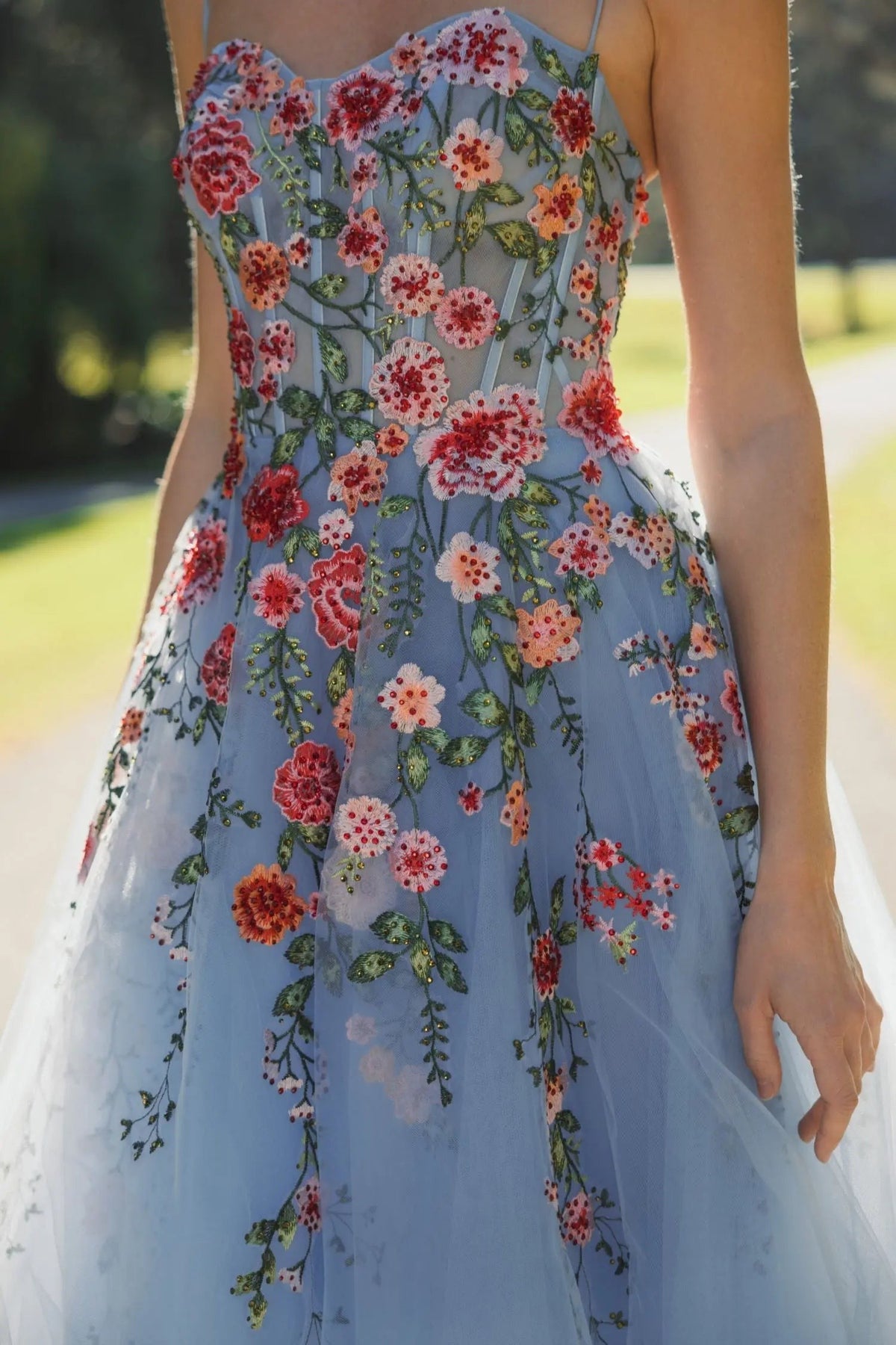 Blue Bustier Embroidered Floral A-Line Dress
