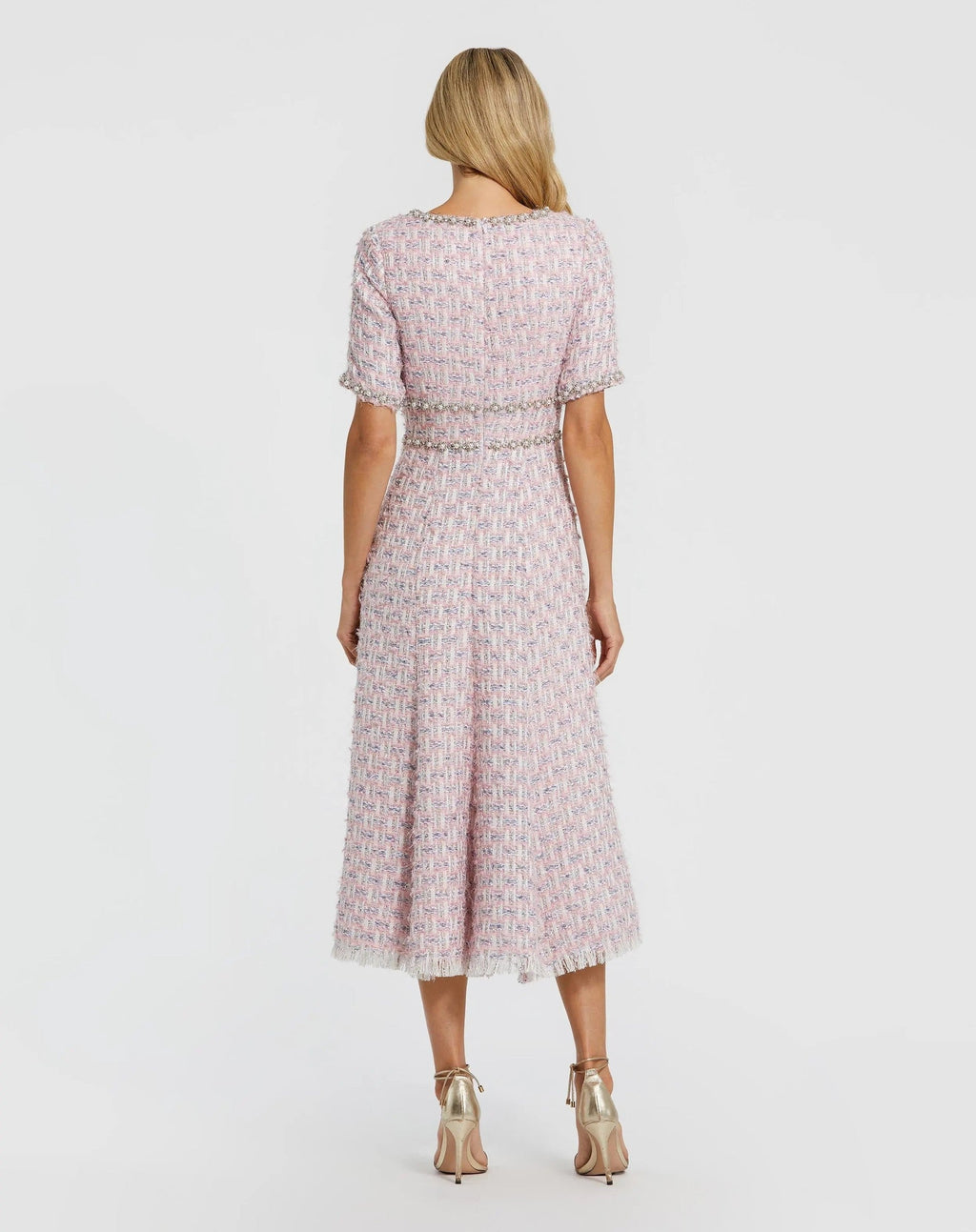 Pink Multi Short Sleeve Beaded Trim Boucle Midi Dress