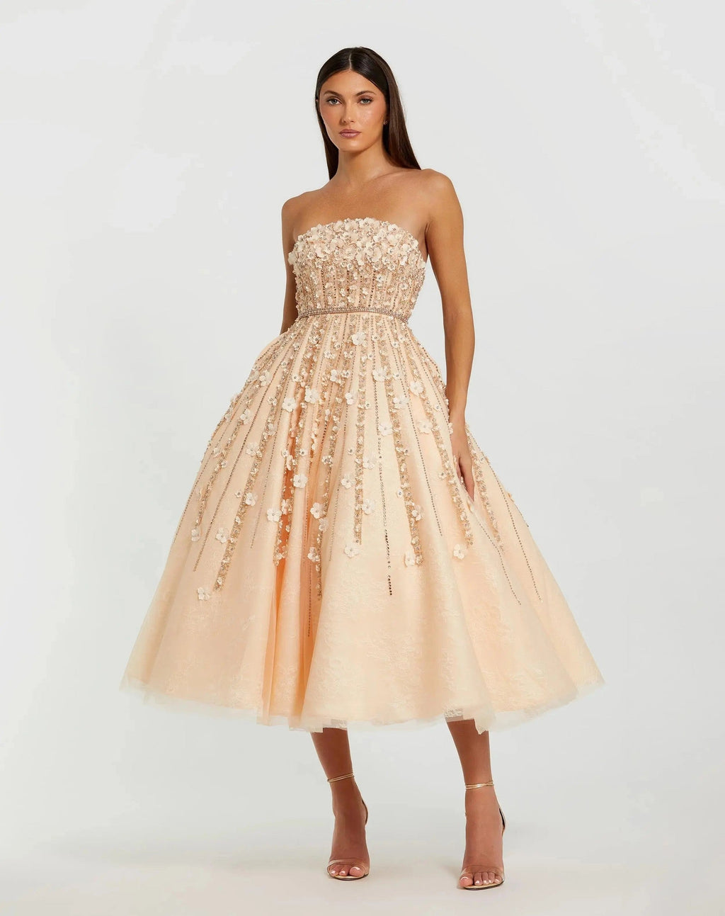 Champagne Strapless Floral Embellished Midi Dress