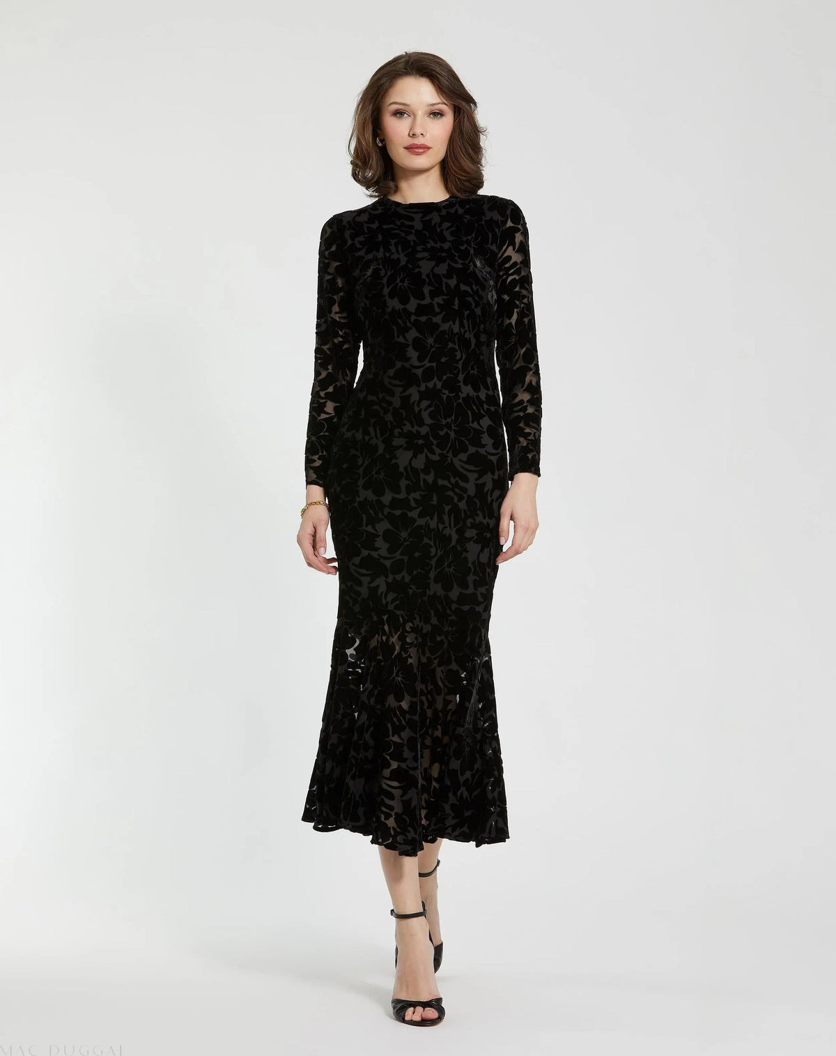 Black Burnout Velvet Long Sleeve Midi Dress
