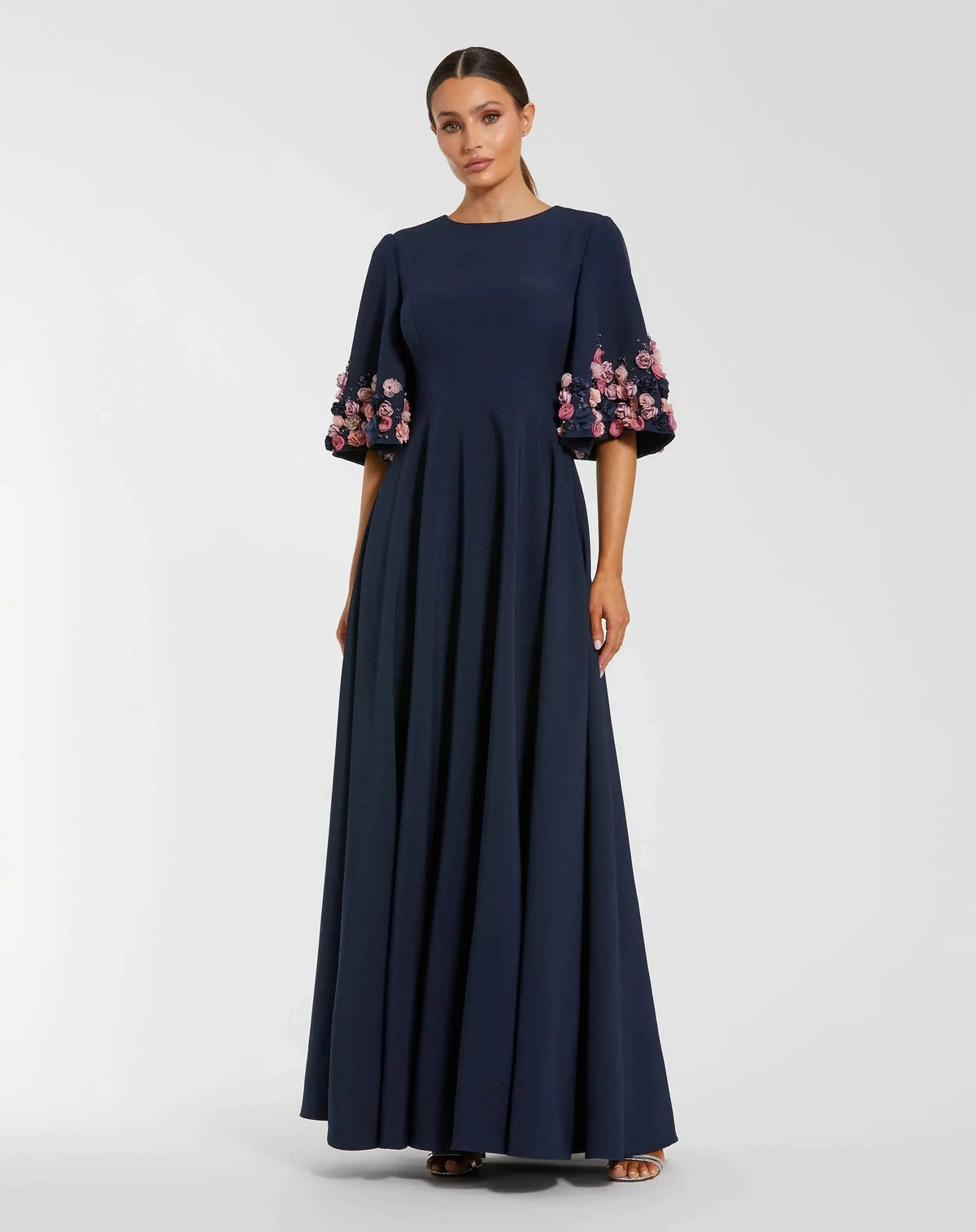 Navy Crepe 3/4 Sleeve A-line Gown With Flower Trim