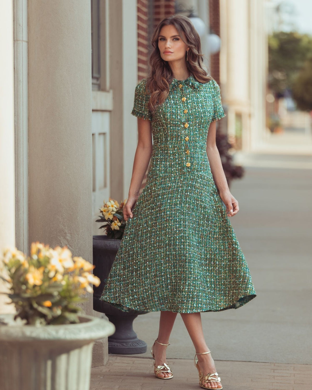 Emerald Multi Boucle Short Sleeve Button Up Midi Dress