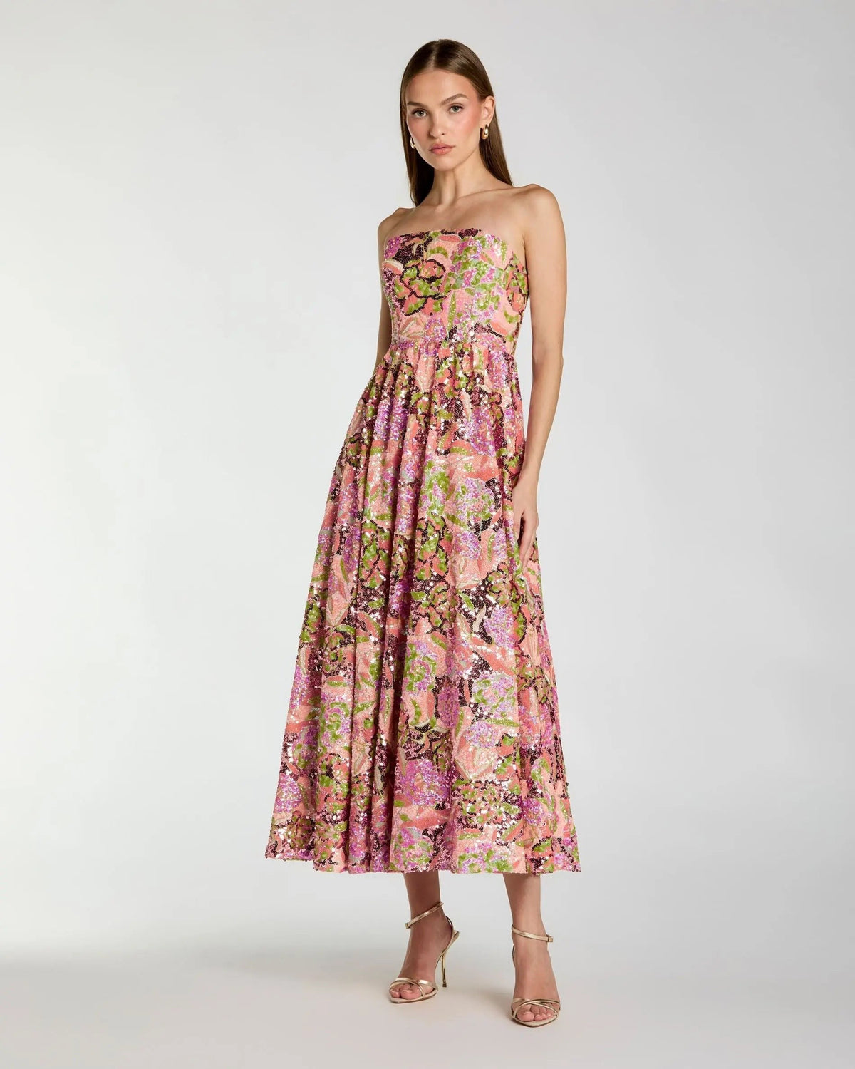 Multicolor Strapless Sequin Floral Midi Dress