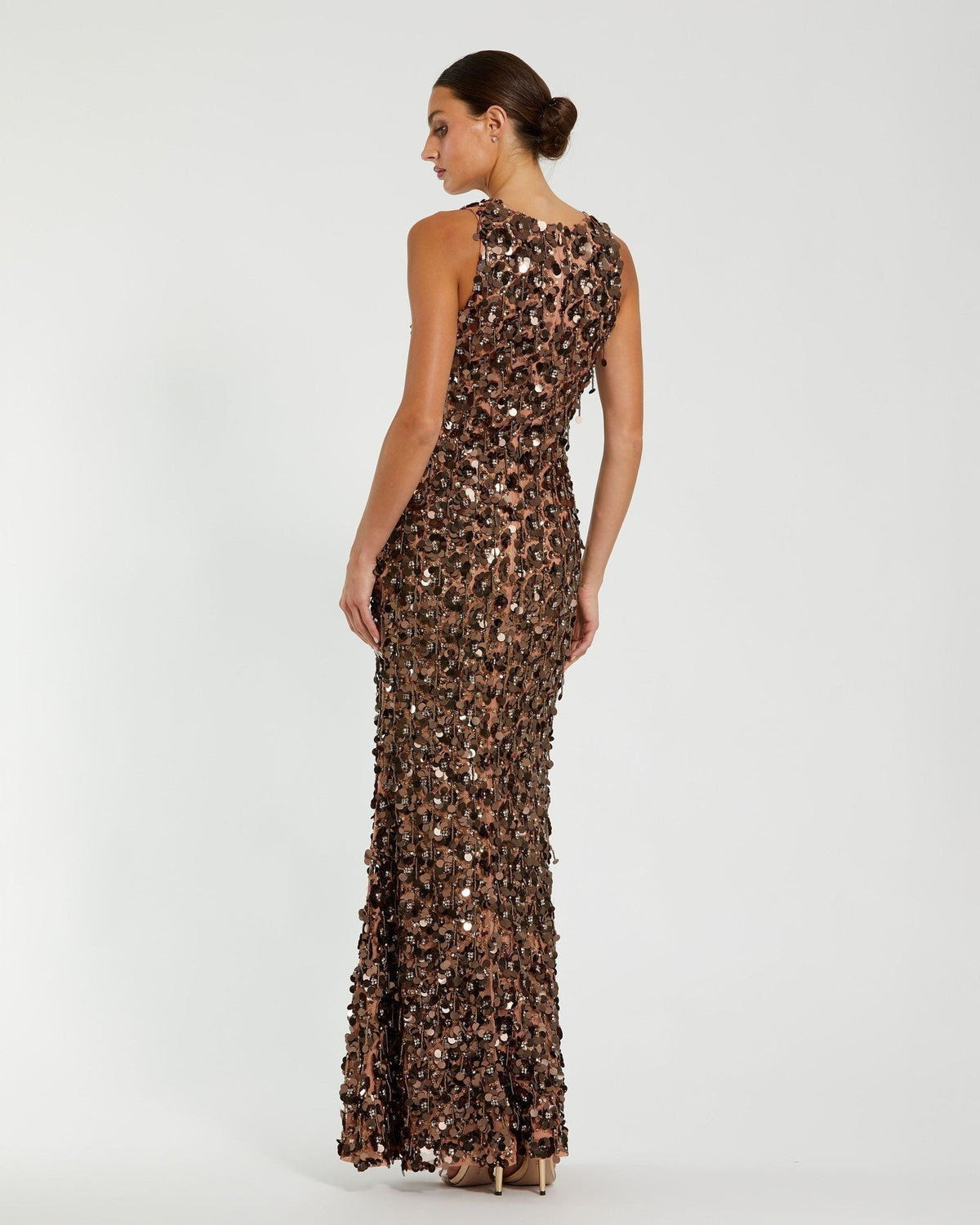 Bronze Sequin Embellished Sleeveless Gown With Beaded Fringe