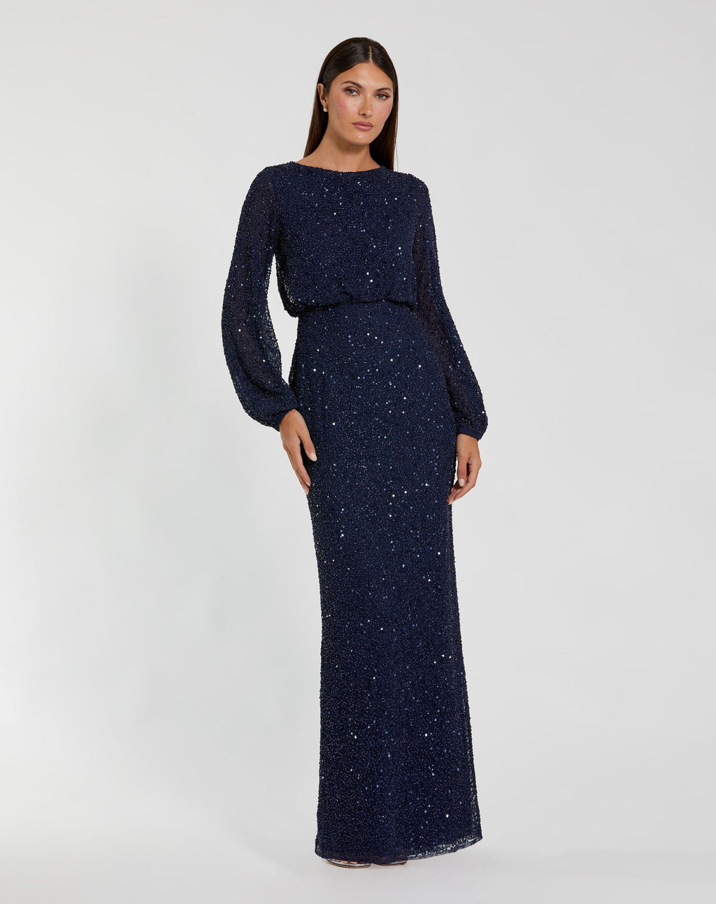 Navy Sequin Blouson Long Sleeve Gown