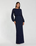 Navy Sequin Blouson Long Sleeve Gown