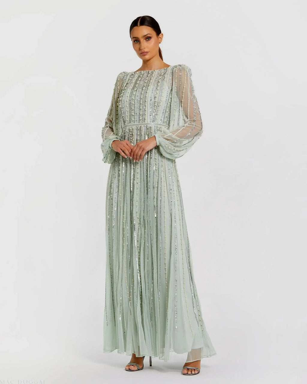 High Neck Long Sleeve A-line Gown With Pearl Beading