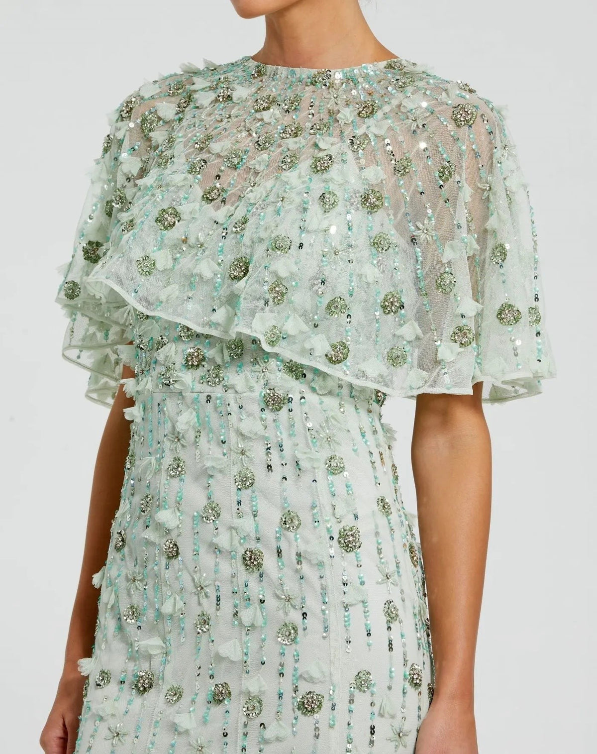 Sage Embellished Illusion Cape Sleeve Trumpet Gown