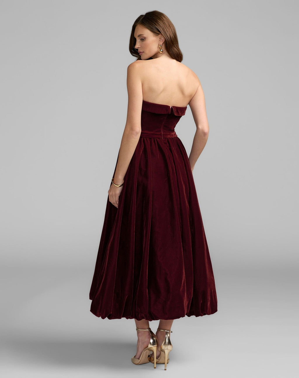Wine Strapless Velvet A-Line Midi Dress