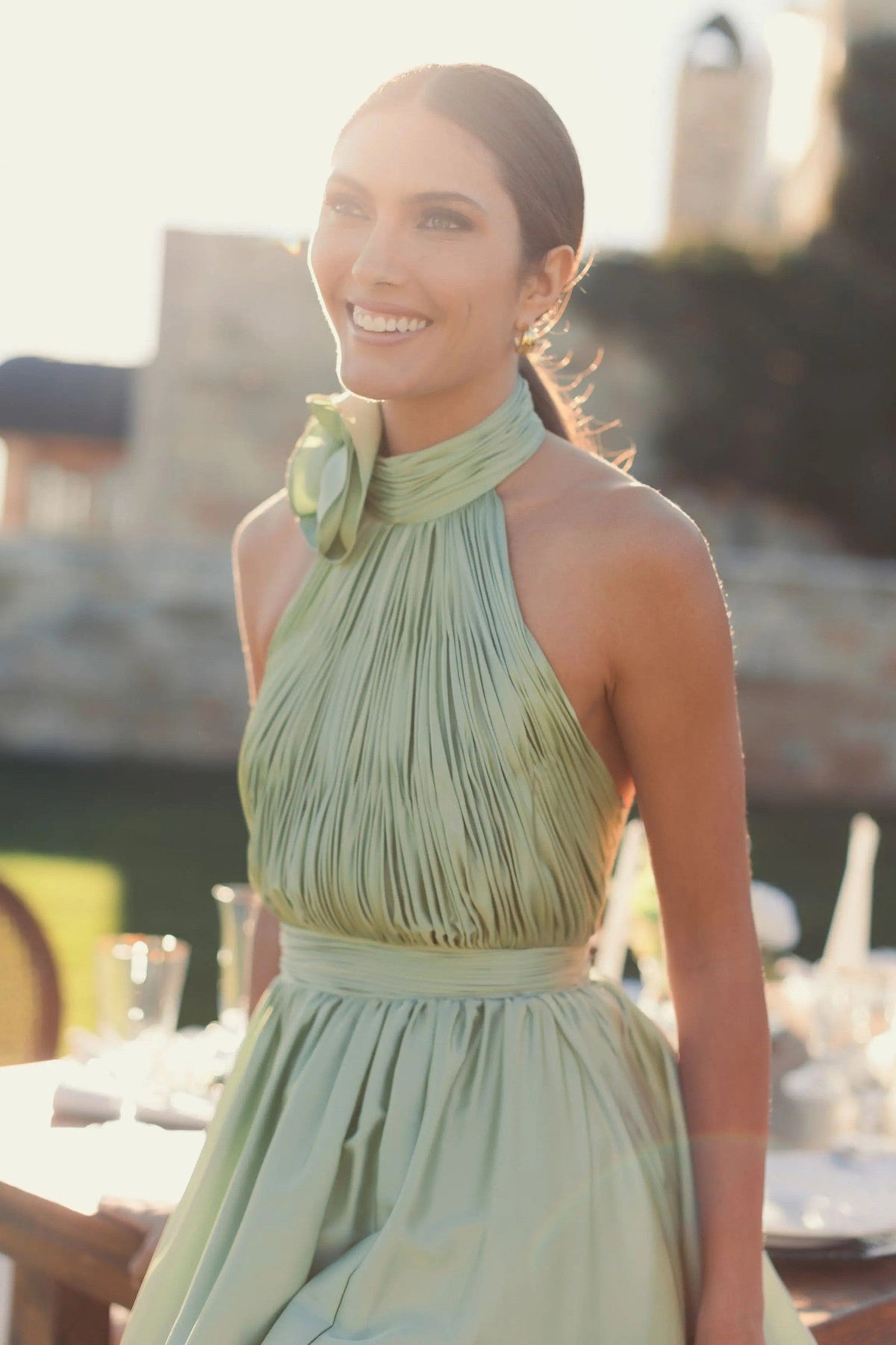 Sage Halter Neck Open Back Satin Gown With Slit