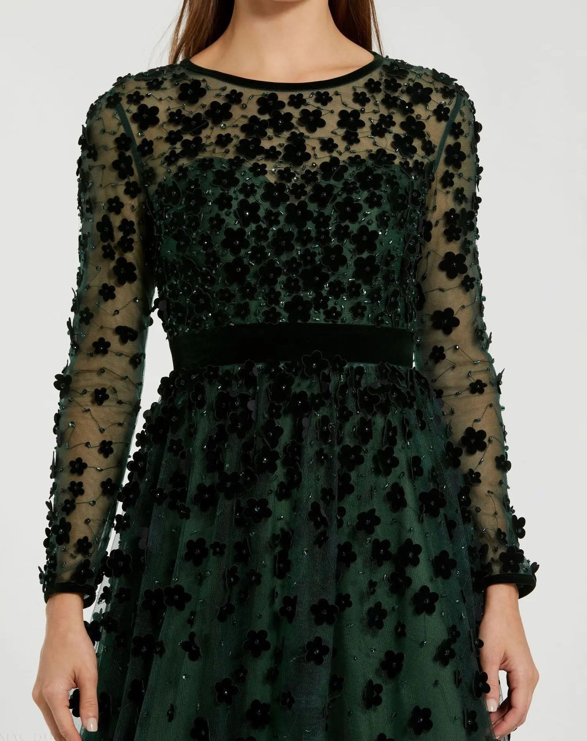 Green Embellished Long Sleeve Velvet Trim A-Line Midi Dress