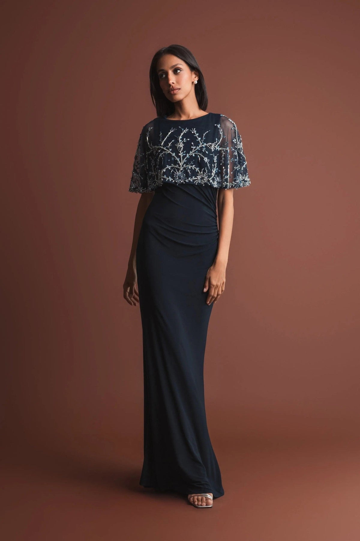 Navy Fitted Jersey Gown with Embellished Cape