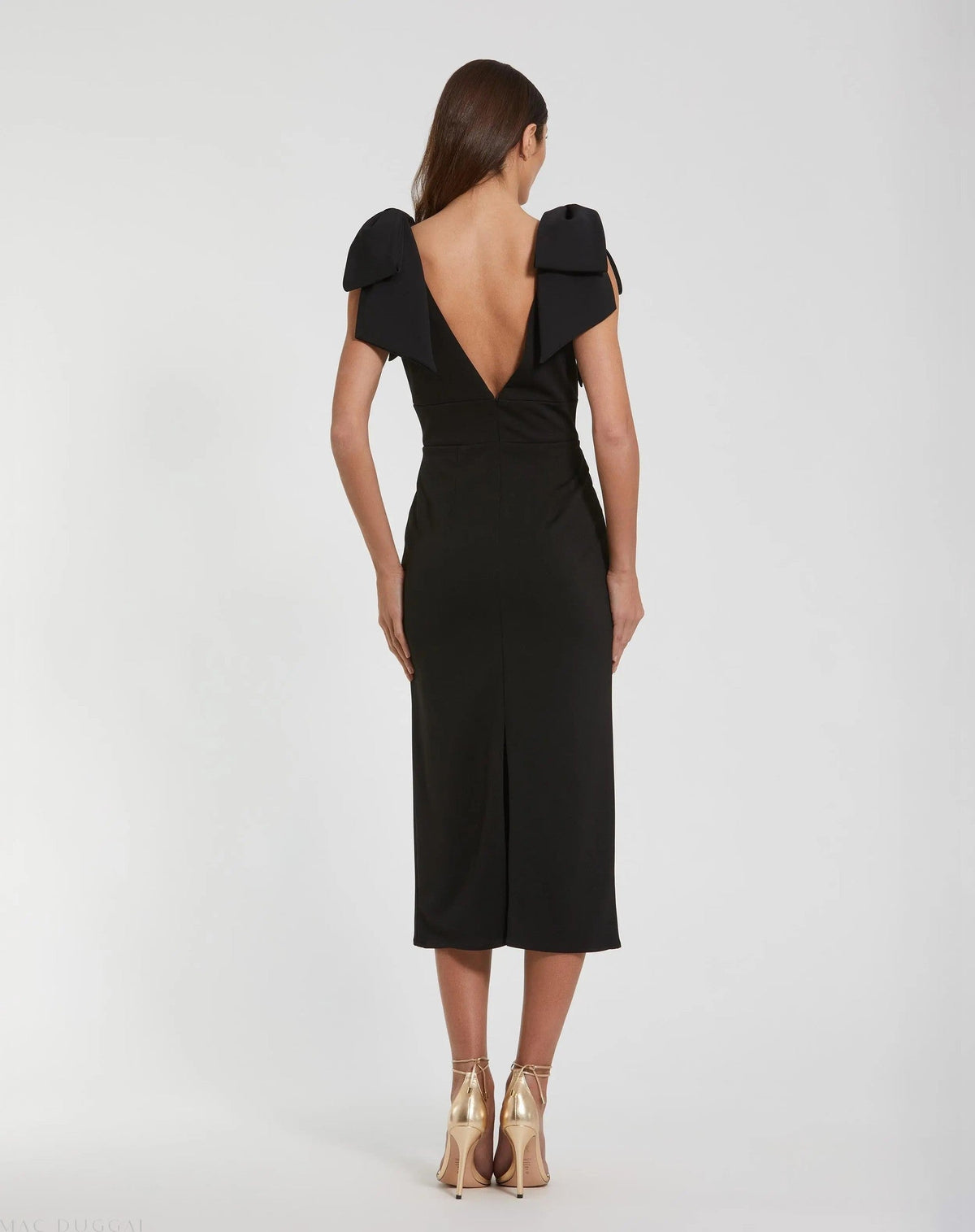 Black Sleeveless Crepe Midi Dress With Bow Straps