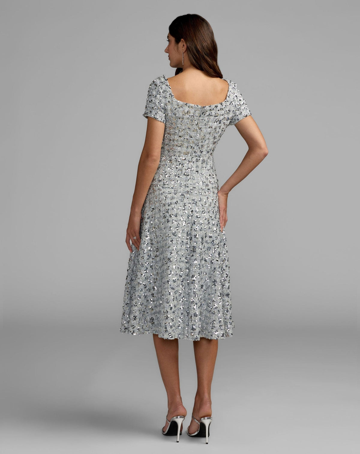 Platinum Sequin Button Up Boucle Midi Dress
