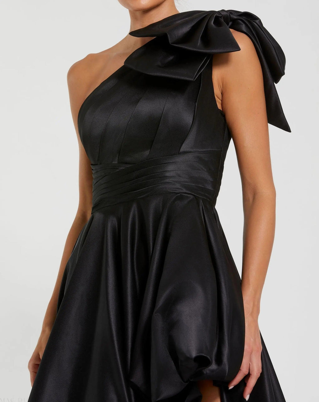 Black Satin One Shoulder Bow Gown With High-Low Hem