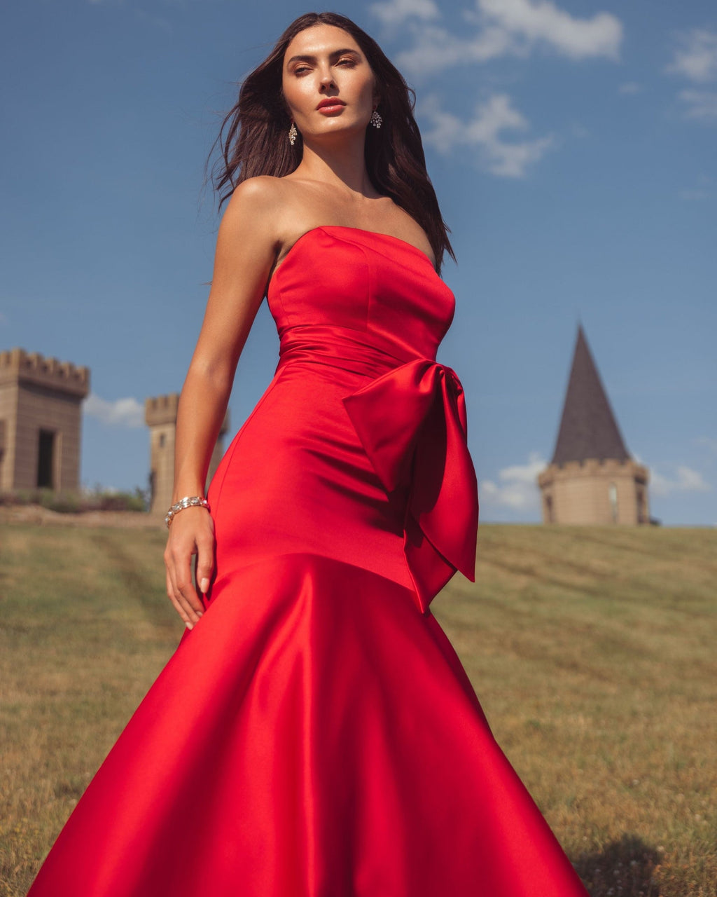 Red Strapless Satin Mermaid Gown with Oversize Bow