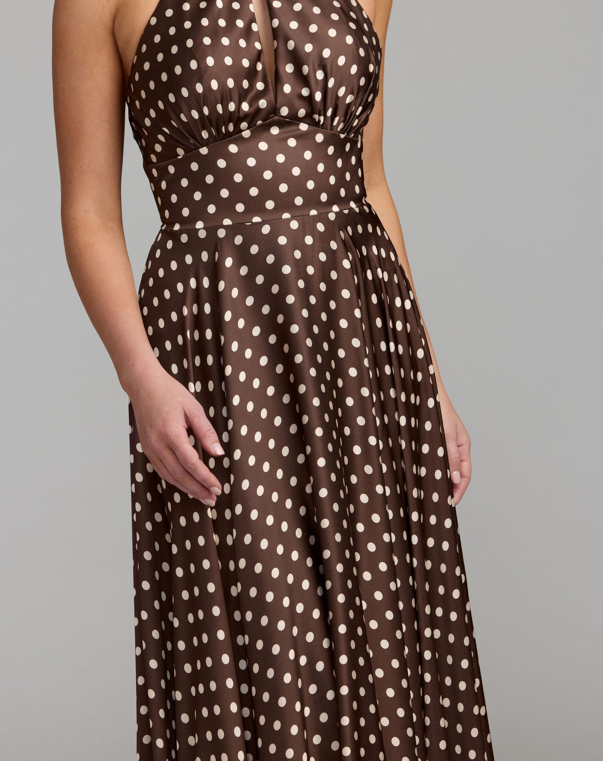 Chocolate Multi Polka Dot A-Line Halter Gown With Rosette