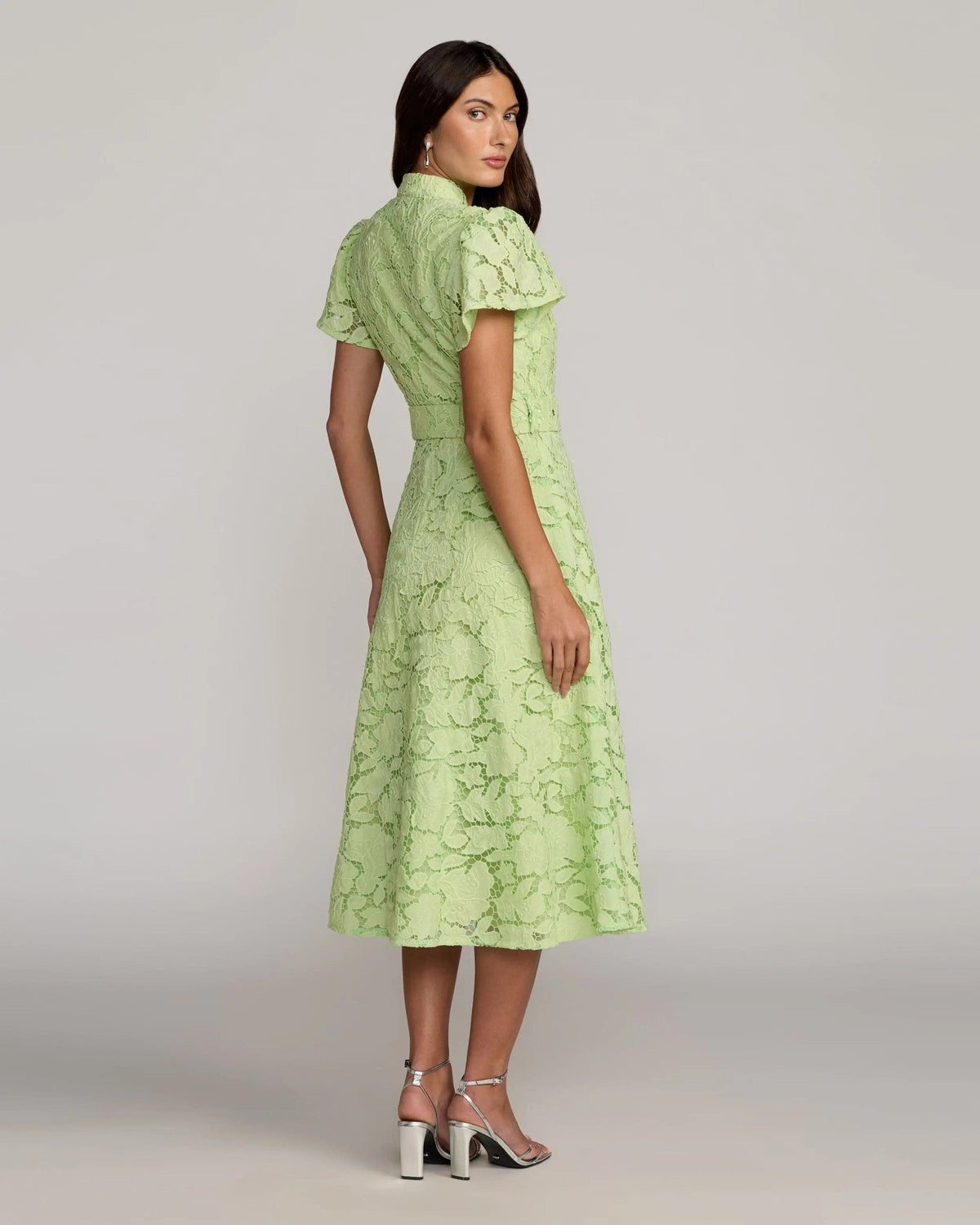 Green Embroidered Lace Belted Midi Dress