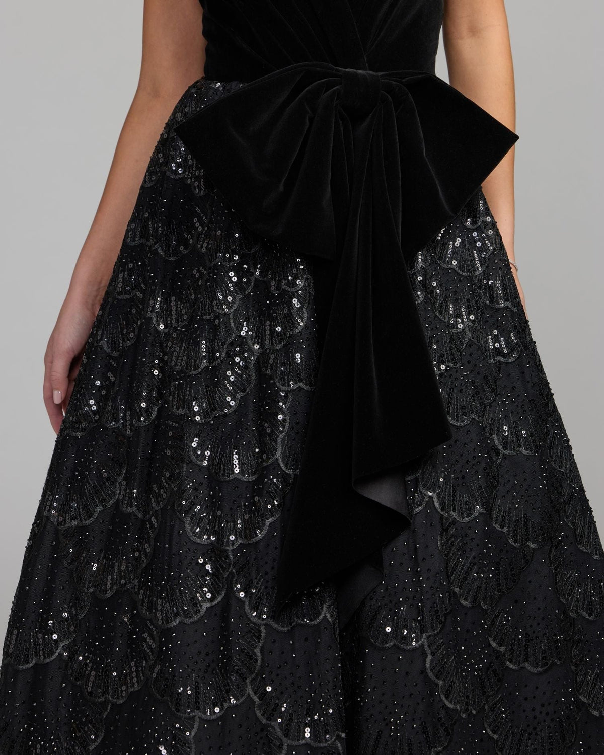 Black Velvet Bow Sequin Strapless A-Line Gown
